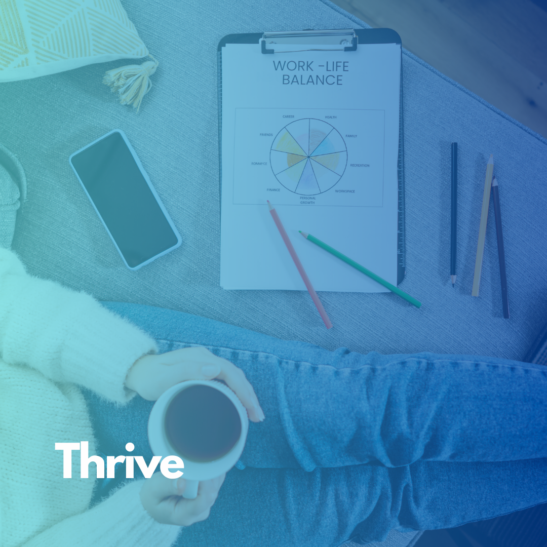 A person sitting relaxing with a coffee with a clipboard in the foreground saying work life balance